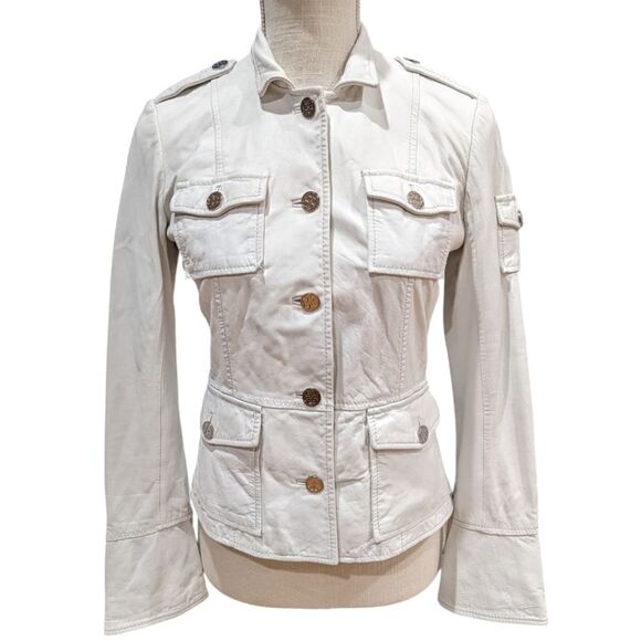 Tory Burch Women's Genuine Leather Utility Military Jacket in White Size 2 - Picture 1 of 11